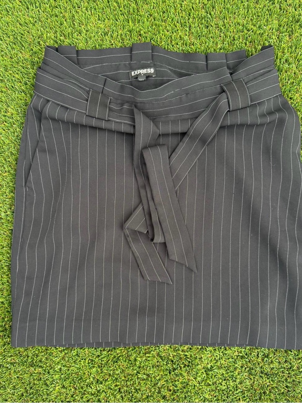 Express Black Pinstripe Tie-Waist Mini Skirt with Belt